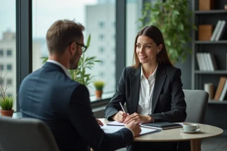 Femme en réunion avec un coach dans un bureau moderne