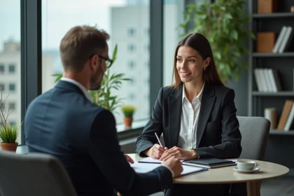 Femme en réunion avec un coach dans un bureau moderne