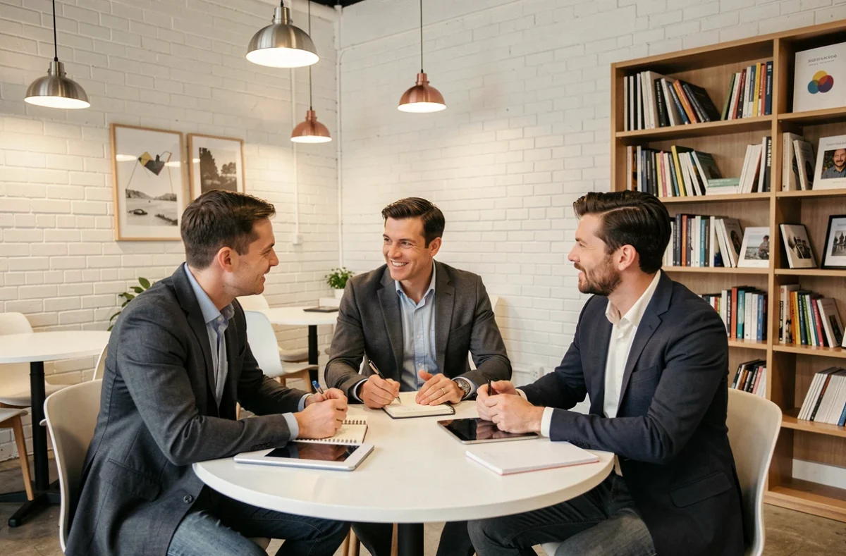 Groupe de professionnels en réunion informelle dans un espace de coworking à Mulhouse
