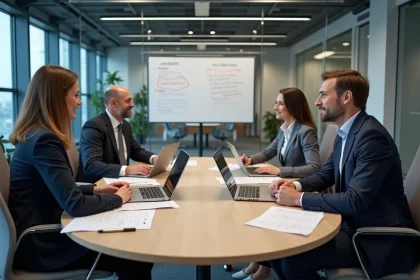 Réunion du Comité Social et Économique dans une salle de conférence moderne d'entreprise, salariés discutant autour d'une table avec documents et ordinateurs portables