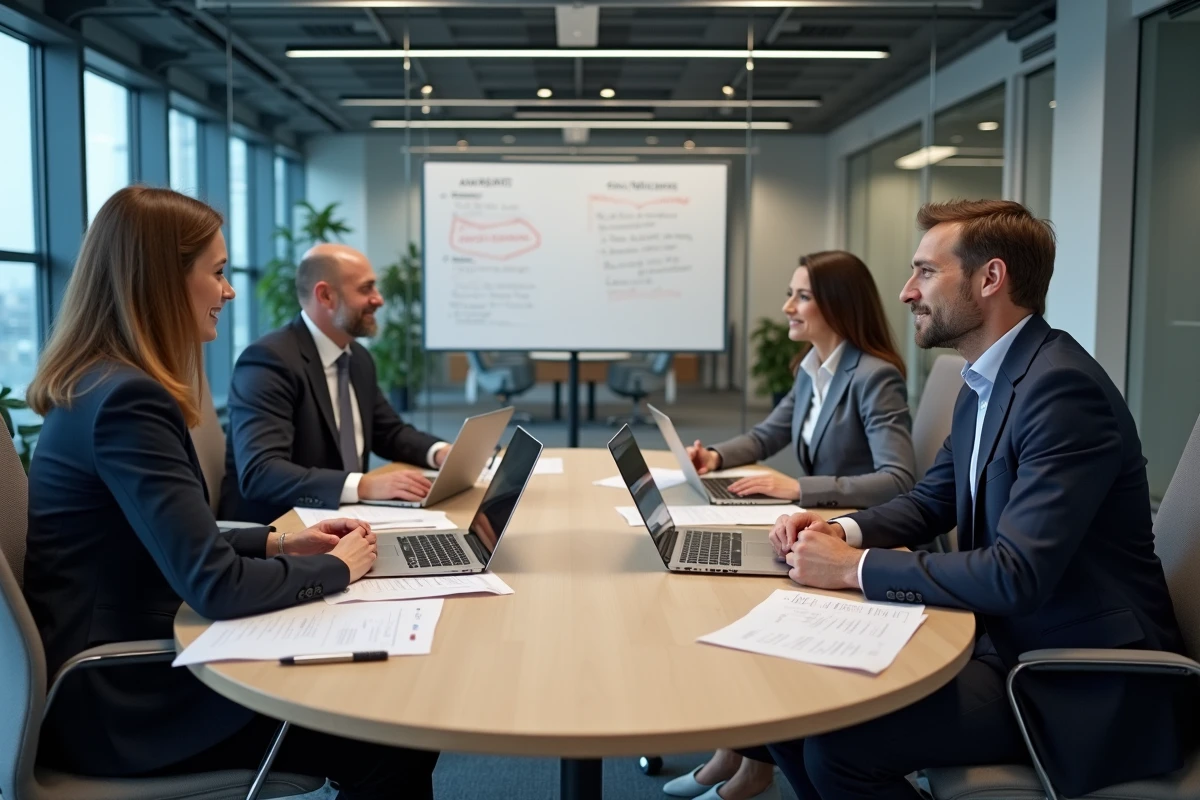 Réunion du Comité Social et Économique dans une salle de conférence moderne d'entreprise, salariés discutant autour d'une table avec documents et ordinateurs portables