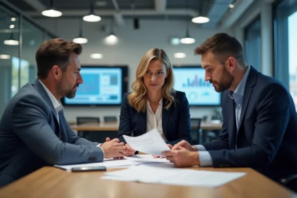 Femme et deux hommes discutant de documents en r&eacute;union