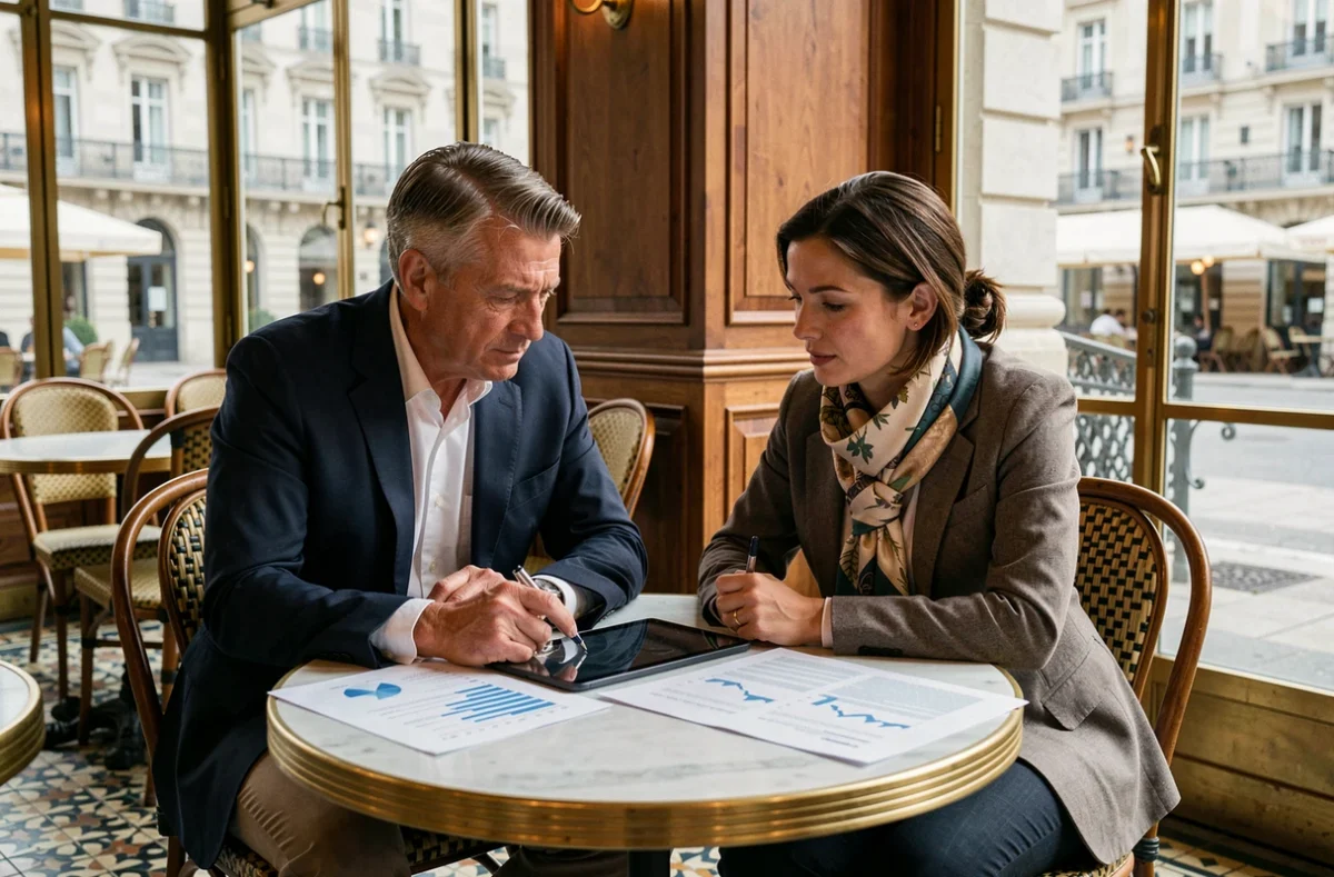Réunion de travail entre un dirigeant et son conseiller en gestion du temps dans une brasserie proche du Capitole à Toulouse