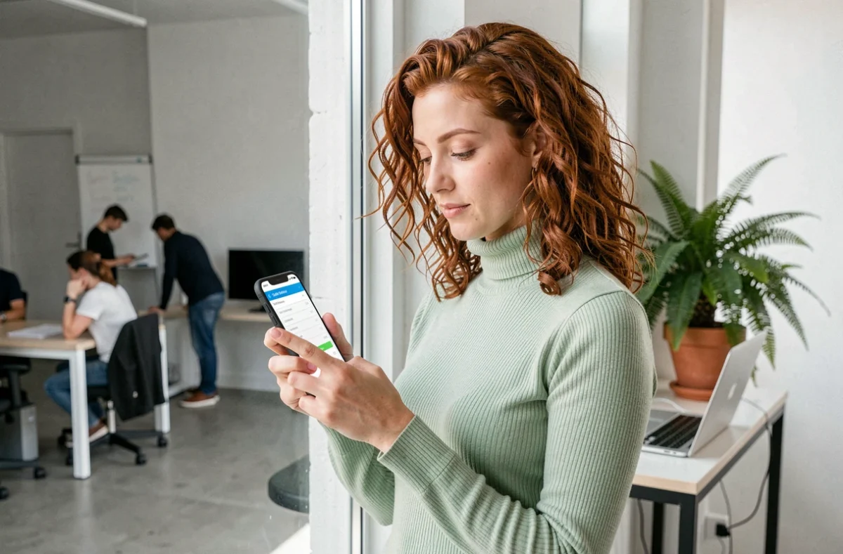 Jeune salariée accédant au portail RH PaiePilote depuis son smartphone dans un espace de coworking