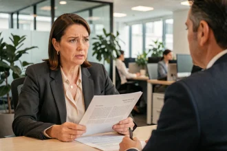 Salariée en entretien de reclassement avec un conseiller RH dans un bureau d'entreprise après fermeture de magasin