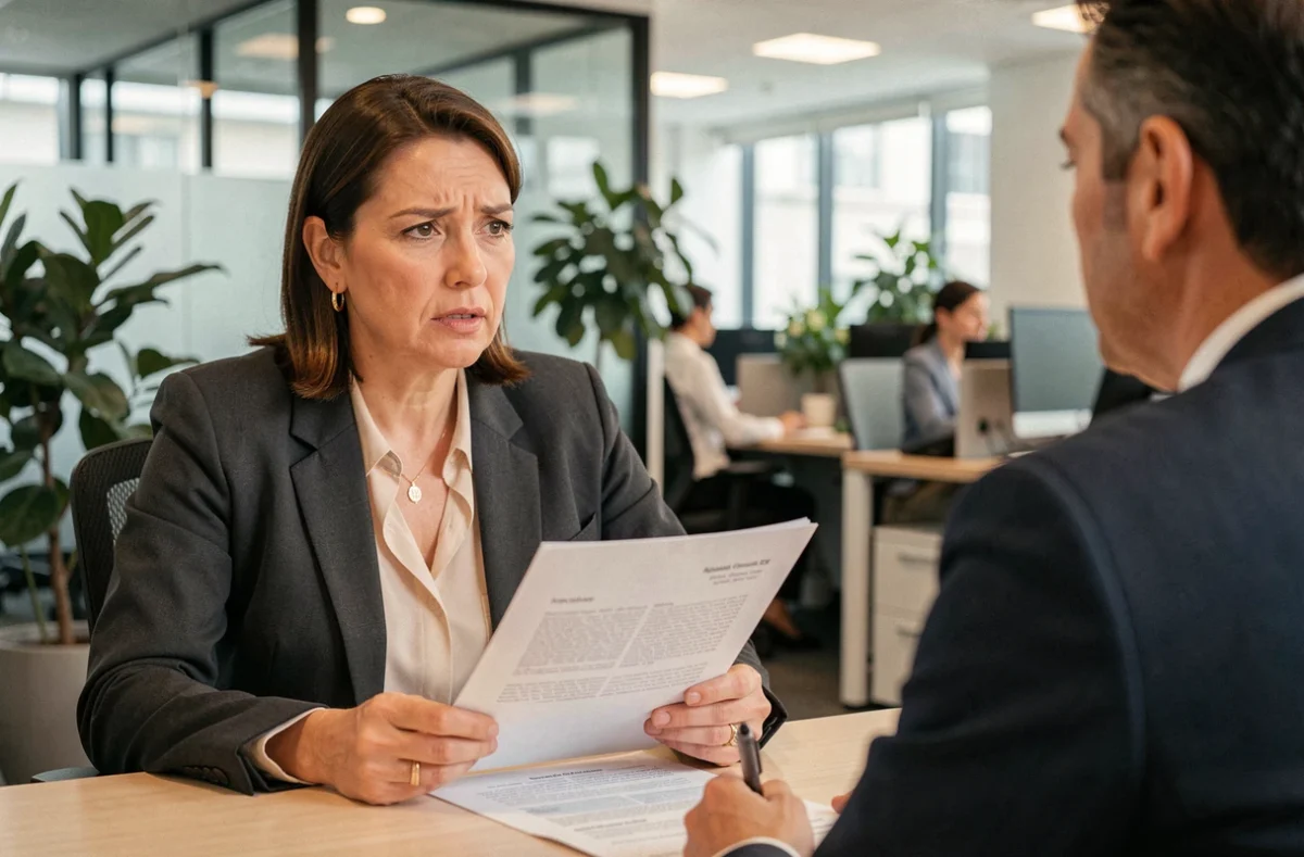 Salariée en entretien de reclassement avec un conseiller RH dans un bureau d'entreprise après fermeture de magasin