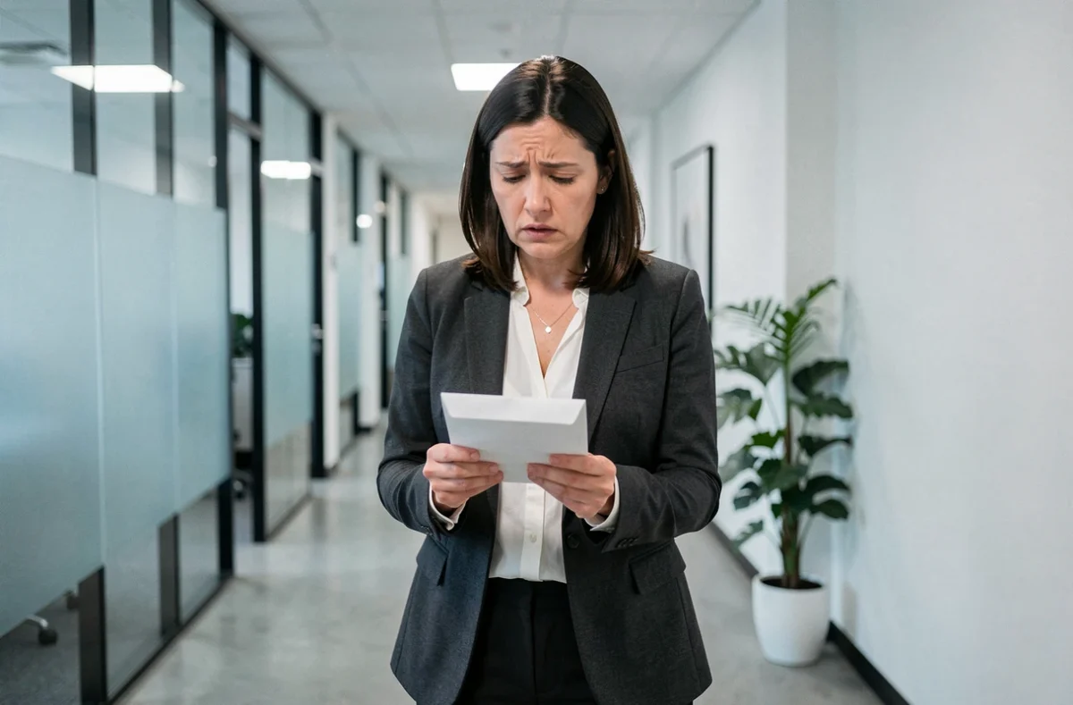Salariée tenant une lettre de licenciement dans un couloir de bureau, illustrant les conséquences d'une faute grave