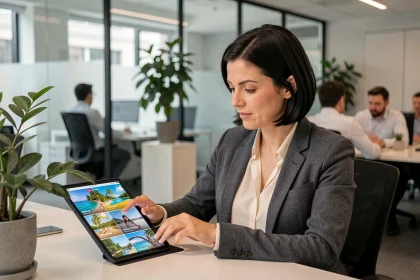 Salariée consultant les offres CSE LOXAM sur une tablette dans un bureau moderne en 2026