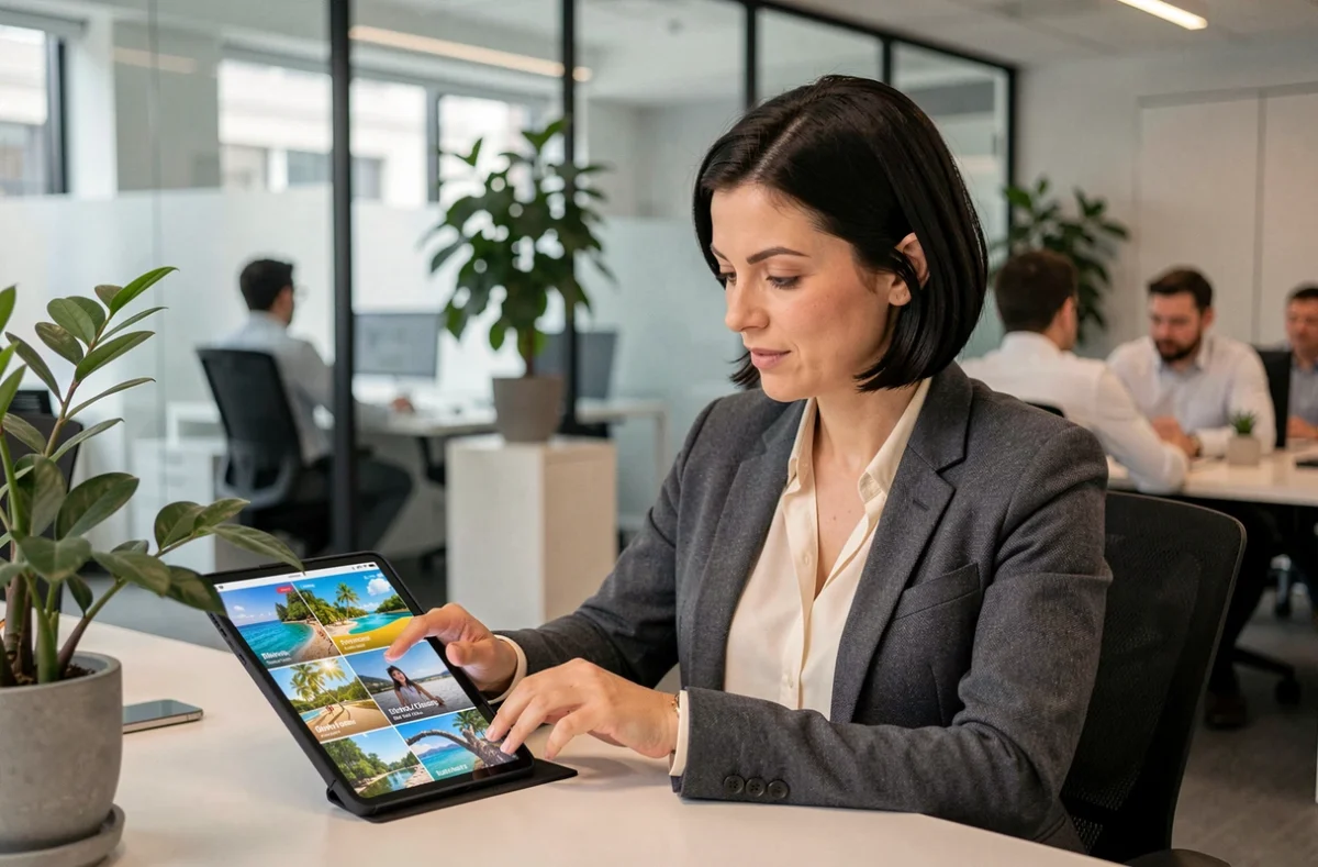 Salariée consultant les offres CSE LOXAM sur une tablette dans un bureau moderne en 2026
