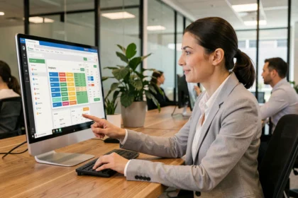 Salariée consultant le portail PaiePilote sur un écran de bureau en open space moderne en 2026