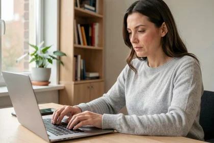 Femme sécurisant ses accès MyPrimobox avec authentification à deux facteurs sur ordinateur portable et smartphone