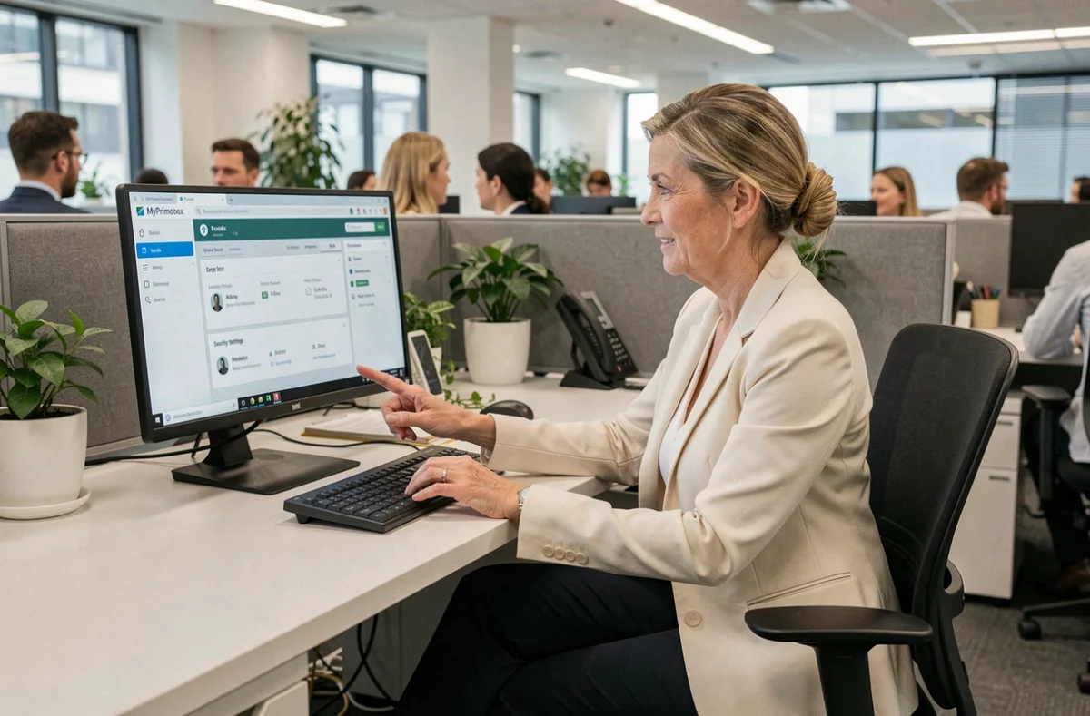 Femme en entreprise vérifiant les paramètres de sécurité de son compte MyPrimobox sur ordinateur de bureau dans un open-space professionnel