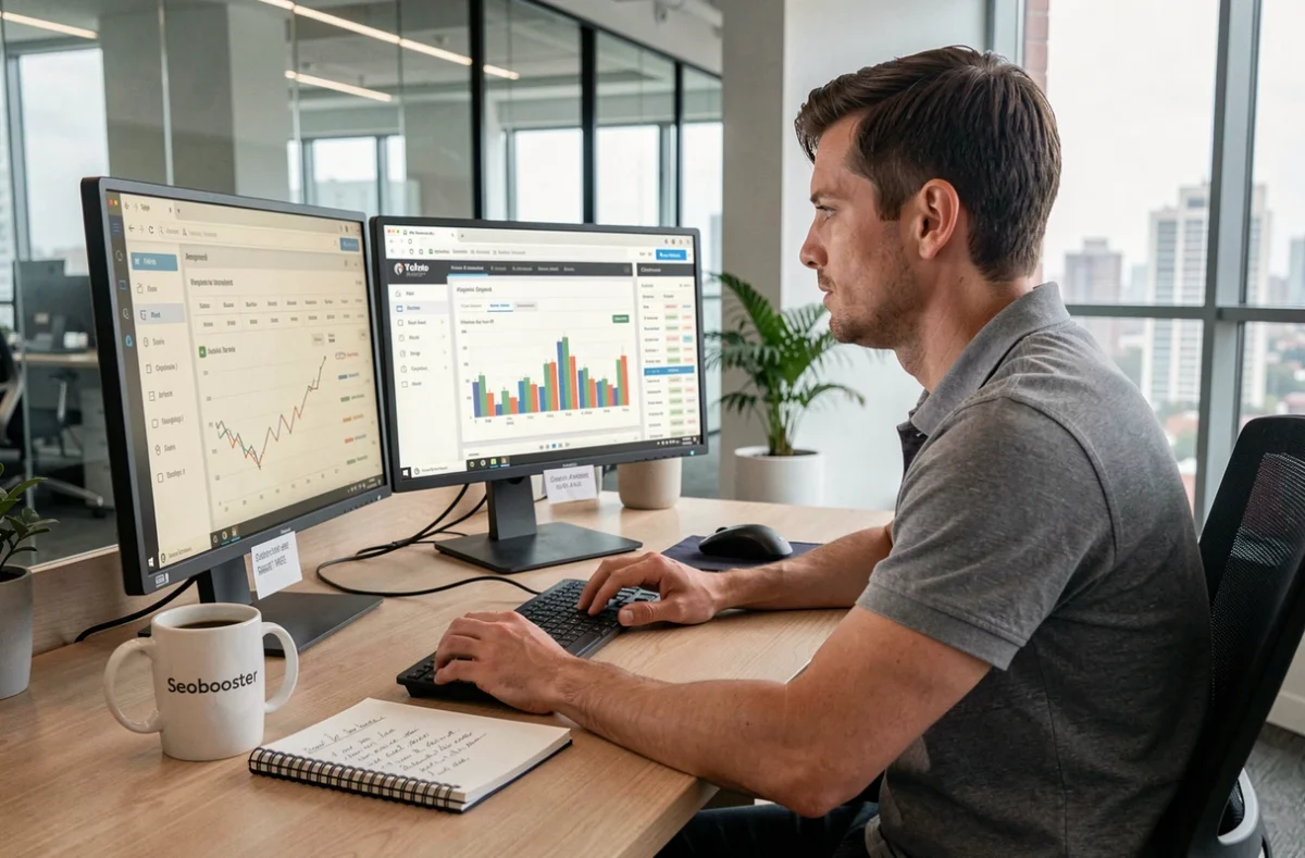 Analyste SEO de Seobooster travaillant sur des tableaux de bord de référencement naturel