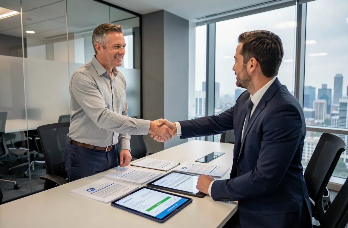 Signature d'un contrat de portage salarial lors d'un rendez-vous professionnel dans un bureau à Meaux