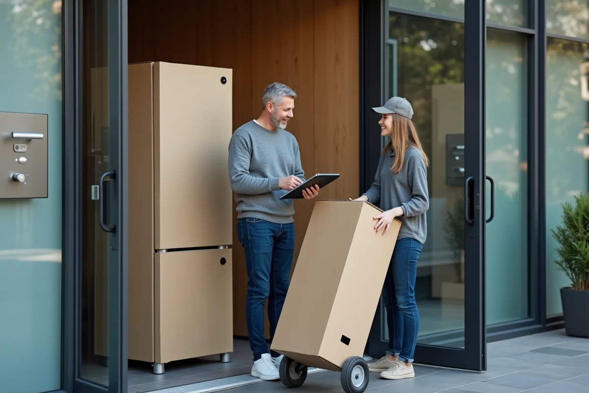 Client signant électroniquement la réception d'un réfrigérateur livré à domicile par une livreuse en immeuble résidentiel