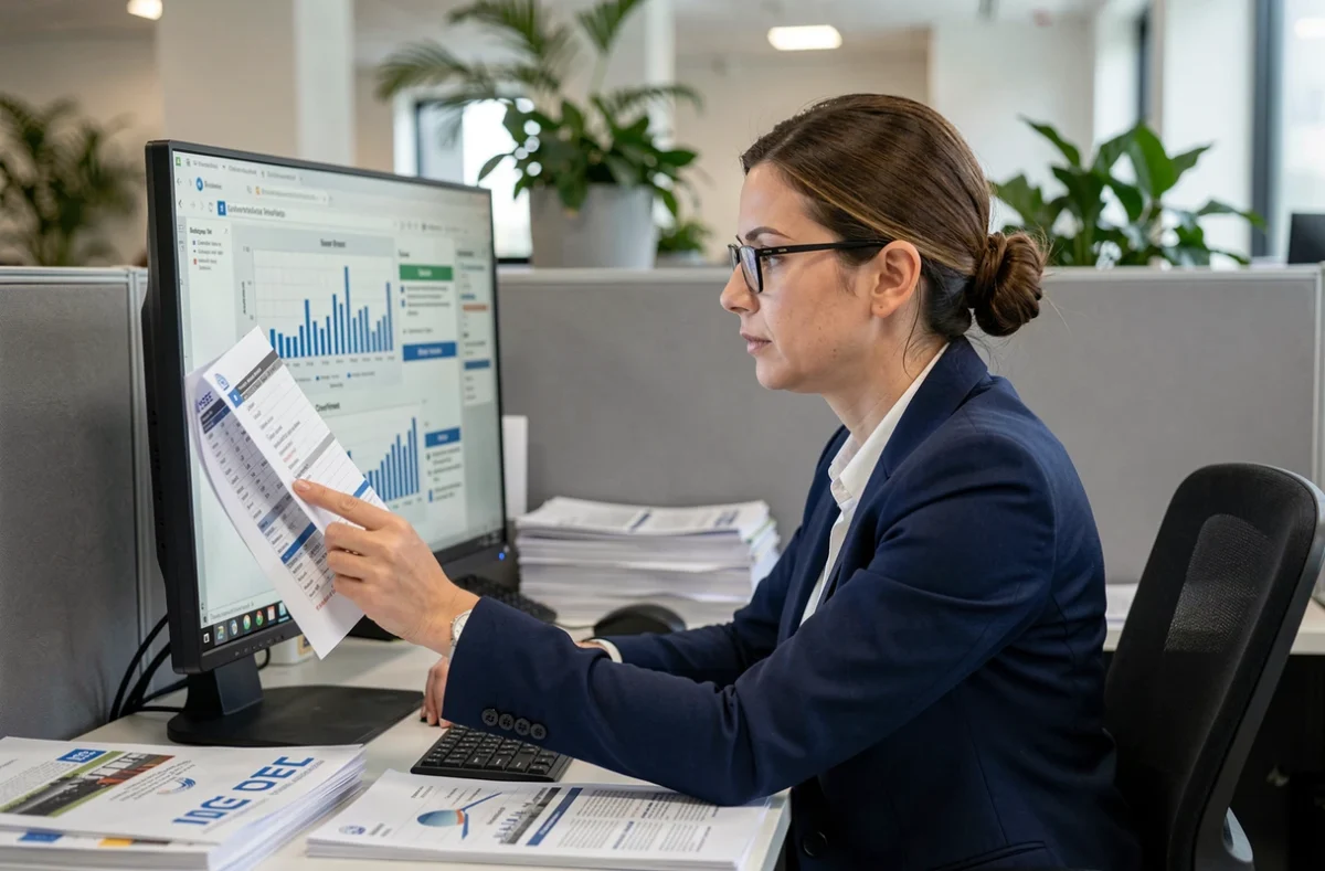 Statisticienne de l'INSEE analysant des indices de coûts de construction sur des feuilles de calcul et un écran d'ordinateur dans un bureau officiel