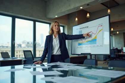 Responsable marketing B2B présentant une stratégie de croissance et un funnel de vente sur tableau numérique en salle de réunion moderne