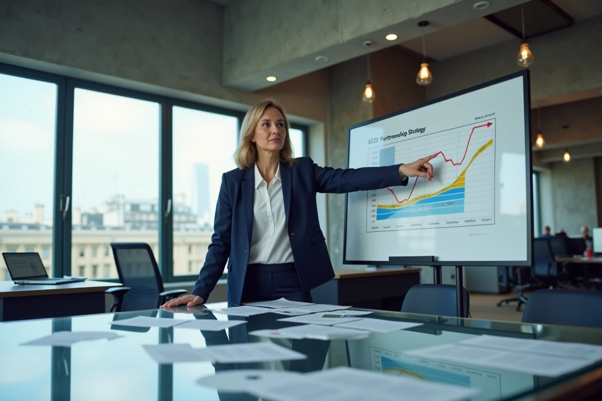 Responsable marketing B2B présentant une stratégie de croissance et un funnel de vente sur tableau numérique en salle de réunion moderne