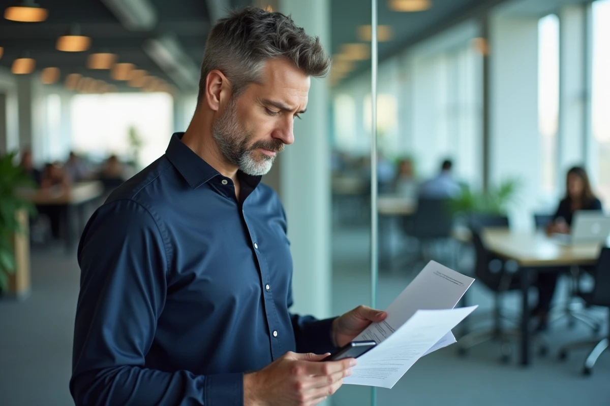 Homme en bureau vérifiant des documents administratifs et son téléphone, symbolisant la clôture ou la conservation d'un compte de coffre-fort numérique RH