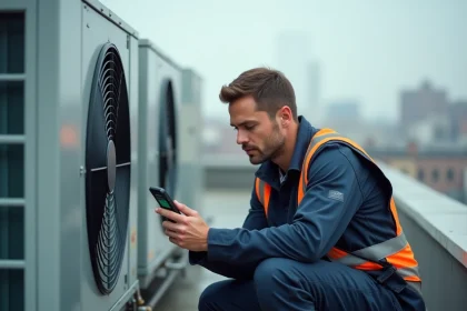 Technicien de maintenance consultant une application mobile de gestion d'interventions urgentes sur smartphone en situation d'astreinte