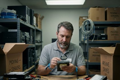 Technicien informatique inspectant un disque dur avant un déménagement informatique dans une salle de serveurs
