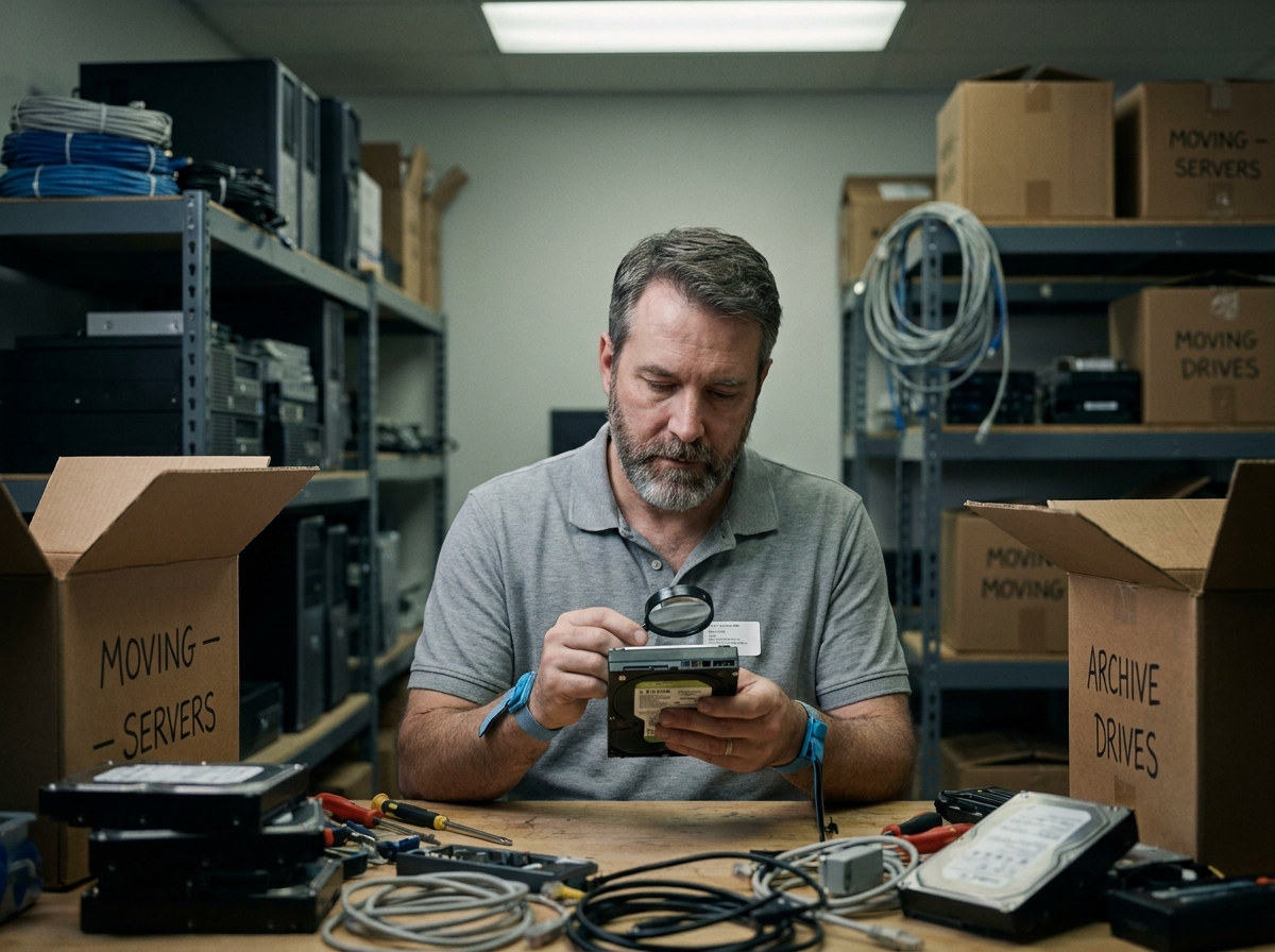 Technicien informatique inspectant un disque dur avant un déménagement informatique dans une salle de serveurs
