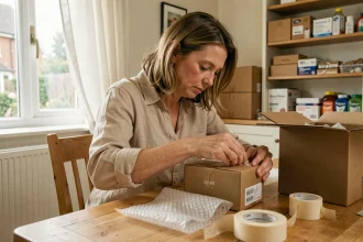 Femme travaillant à domicile en emballage de produits sur une table en bois avec du matériel de conditionnement