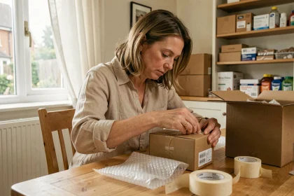 Femme travaillant à domicile en emballage de produits sur une table en bois avec du matériel de conditionnement