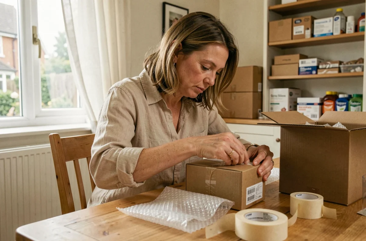 Femme travaillant à domicile en emballage de produits sur une table en bois avec du matériel de conditionnement