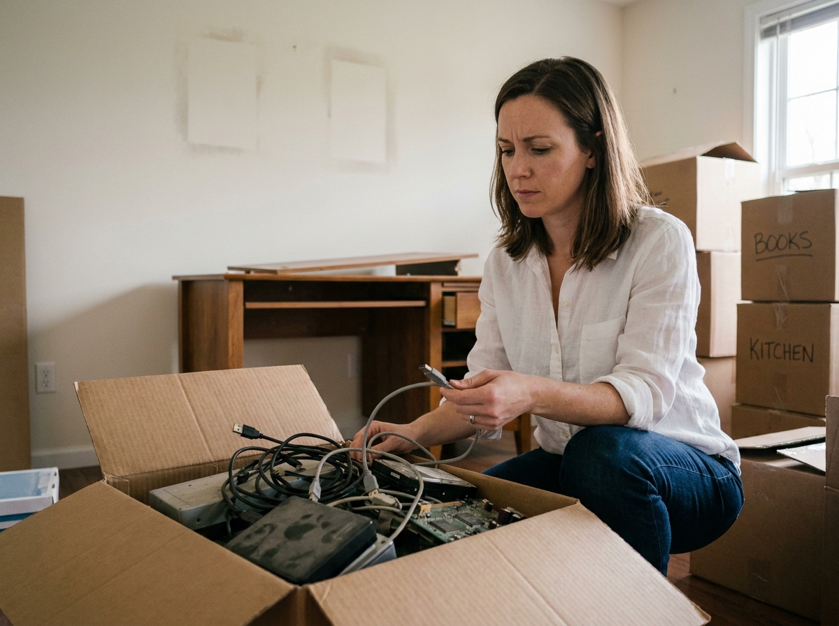 Femme triant de vieux disques durs et composants informatiques dans des cartons de déménagement