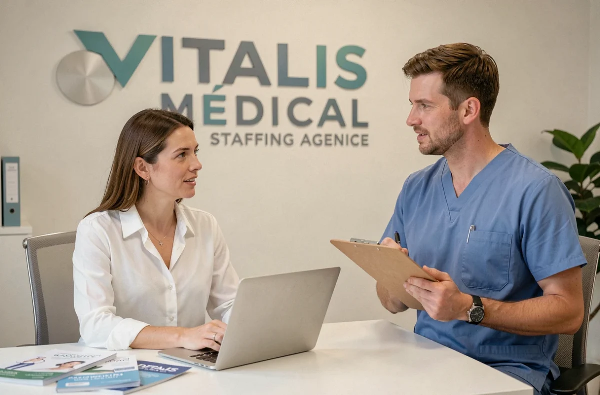 Consultante de Vitalis Médical rencontrant un infirmier pour un placement en mission médicale à Toulouse