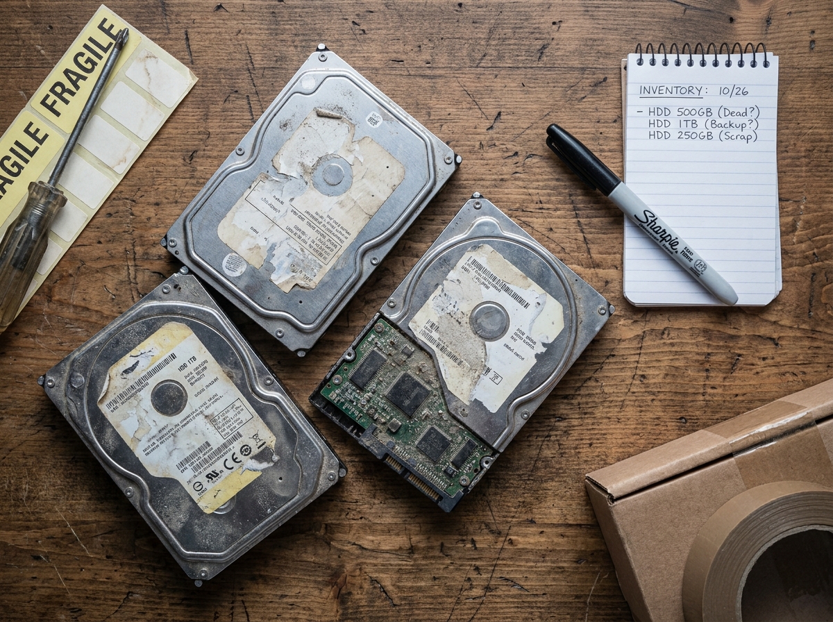 Vue en plongée de vieux disques durs sur un bureau avec étiquettes et outils avant déménagement informatique