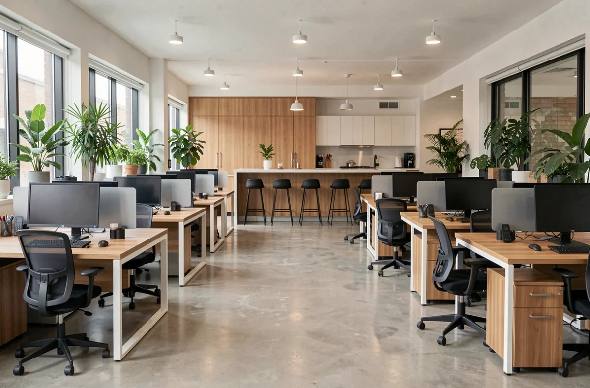 Vue grand angle d'un espace de coworking vide avec bureaux ergonomiques, cuisine commune, plantes vertes et sol en béton poli