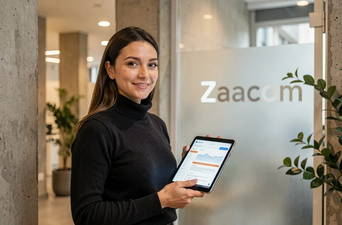 Responsable marketing digital de l'agence Zaacom tenant un rapport d'audit SEO sur tablette